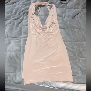 Prettylittlething. Champagne slinky cowl neck double strap bodycon dress.